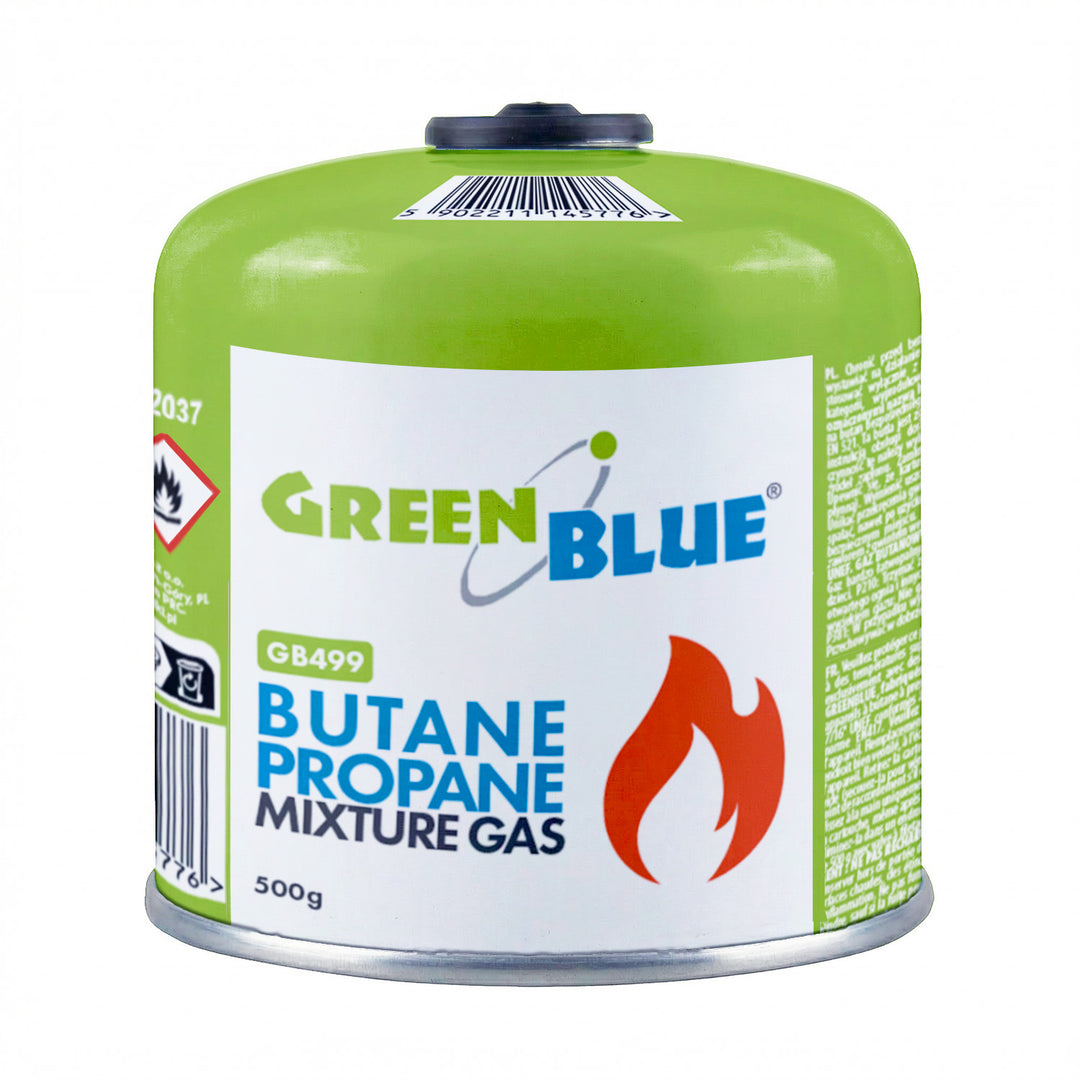24 stk. GreenBlue-gaspatroner à 500 g. Certifikat: Pi 0437, overholder EN417, butan-propan, anvendelsestemperatur -10 °C til +40 °C, gevindventil 7/16'' GB499