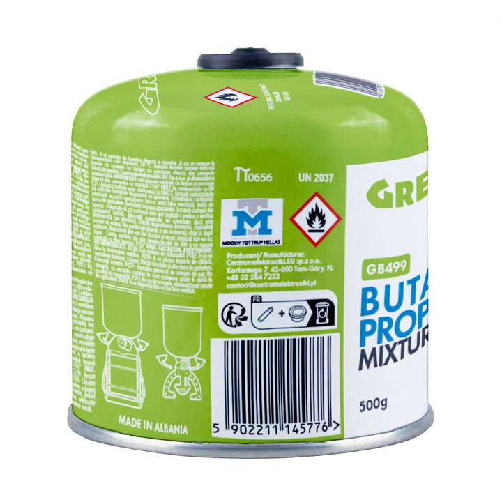24 stk. GreenBlue-gaspatroner à 500 g. Certifikat: Pi 0437, overholder EN417, butan-propan, anvendelsestemperatur -10 °C til +40 °C, gevindventil 7/16'' GB499