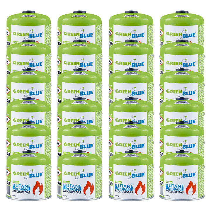 24 stk. GreenBlue-gaspatroner à 500 g. Certifikat: Pi 0437, overholder EN417, butan-propan, anvendelsestemperatur -10 °C til +40 °C, gevindventil 7/16'' GB499