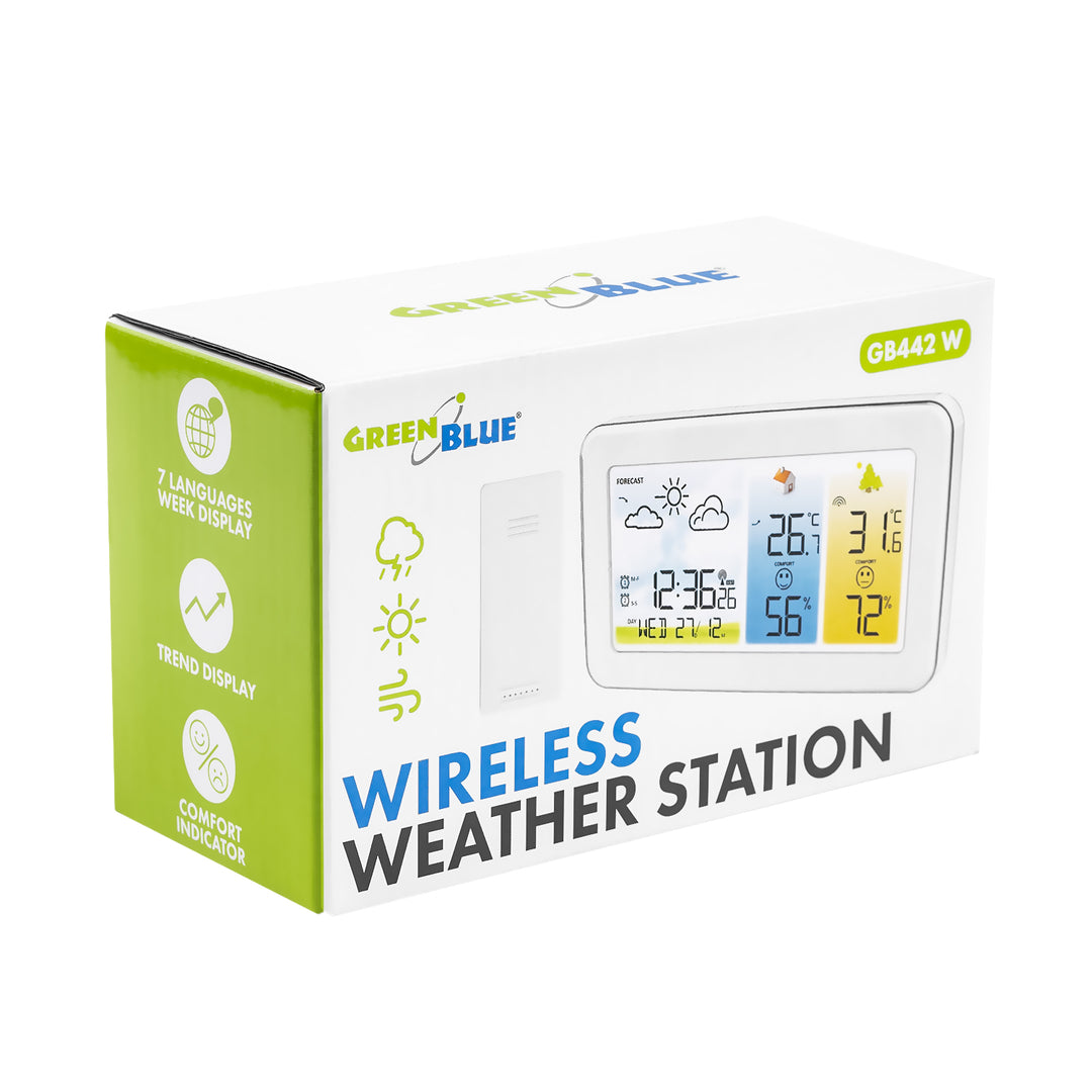 GreenBlue trådløs vejrstation, temperatur og luftfugtighed (inde/ude), ur/vækker/dato, °C / °F, rækkevidde op til 60 m, GB442 W