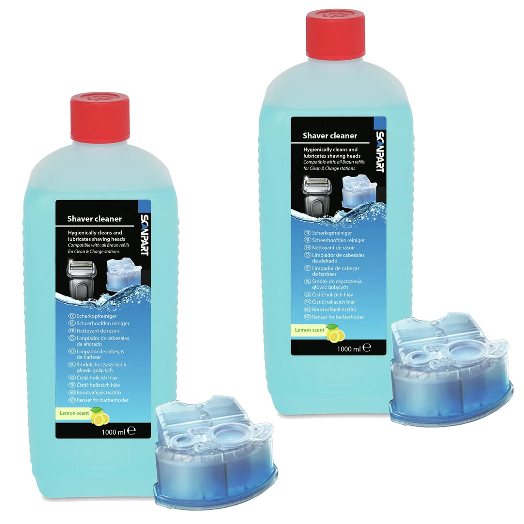 Rengøringsmiddel til Braun-barberhoveder med citronsmag, 1 liter, plus genopfyldningspatroner, 2 stk.