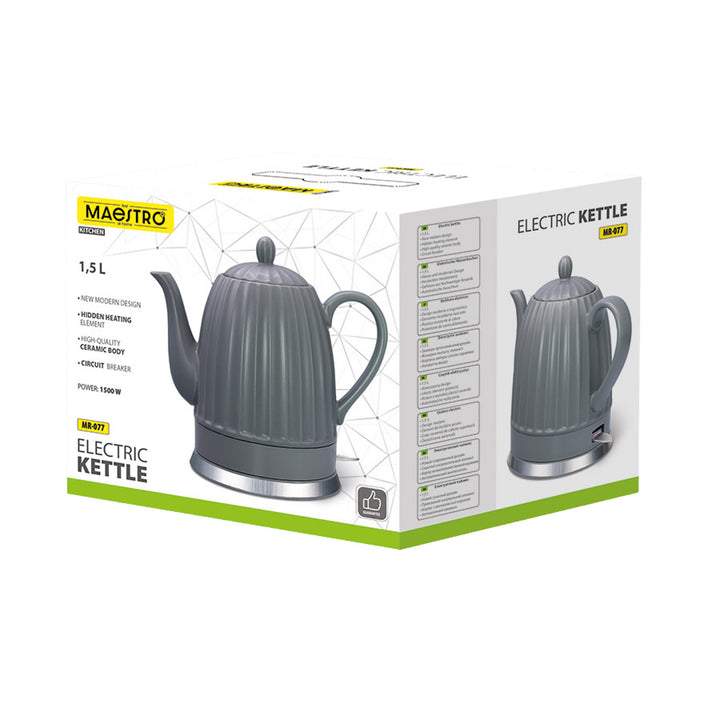 Maestro elektrisk keramisk kedel, grå, 1500 W, 1,5 l, drejelig fod, vandstandsindikator, 65 cm strømkabel, MR-077
