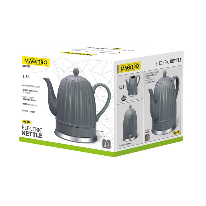 Maestro elektrisk keramisk kedel, grå, 1500 W, 1,5 l, drejelig fod, vandstandsindikator, 65 cm strømkabel, MR-077