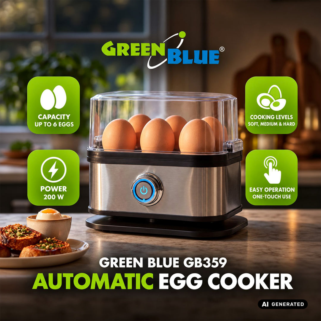 GreenBlue automatisk æggekoger, effekt 200 W, til op til 6 æg, målebæger, 220–240 V~, 50/60 Hz, GB359