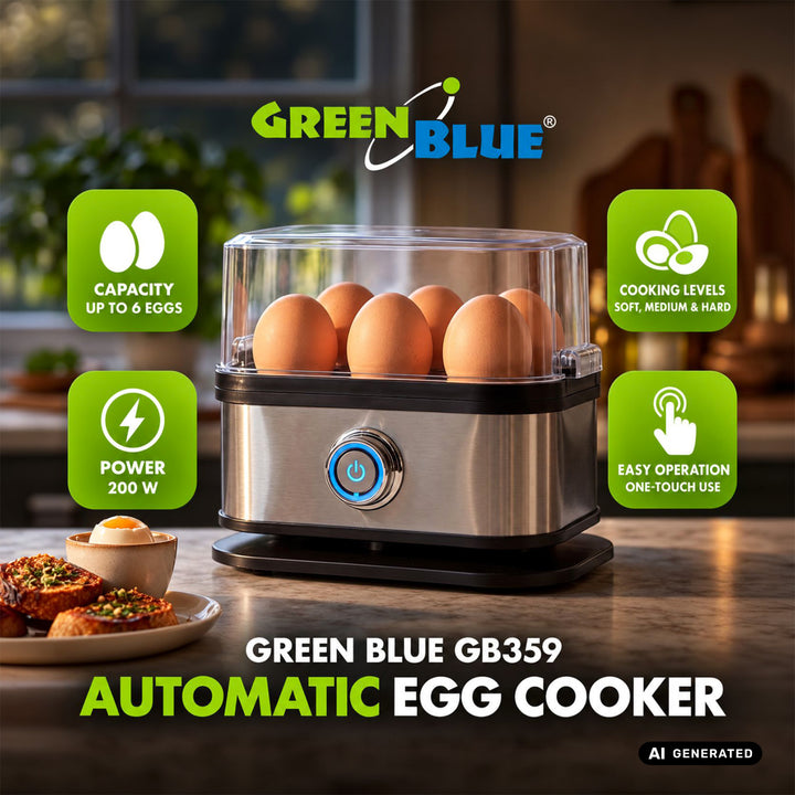 GreenBlue automatisk æggekoger, effekt 200 W, til op til 6 æg, målebæger, 220–240 V~, 50/60 Hz, GB359