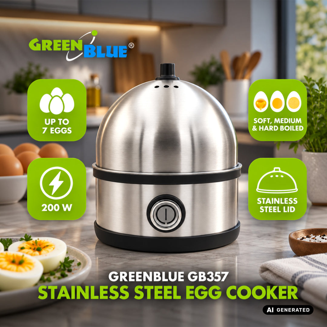 GreenBlue æggekoger i rustfrit stål, effekt 200 W, til op til 7 æg, målebæger, 220–240 V~, 50/60 Hz, GB357