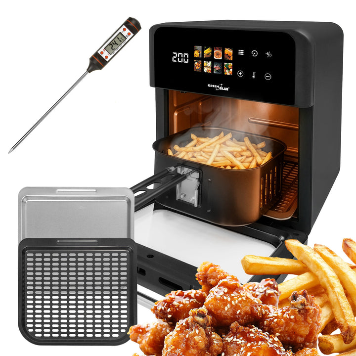GreenBlue AIR FRYER fedtfri frituregryde, kraftig 1800 W, 10 l kapacitet, 8 programmer, tilbehør, timer, GB950 + madtermometer/sonde, GreenBlue GB178