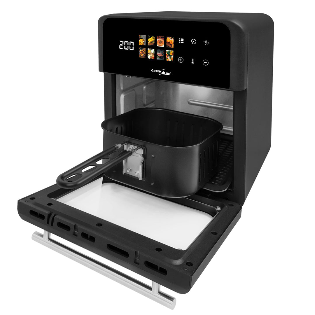 GreenBlue AIR FRYER fedtfri frituregryde, kraftig 1800 W, 10 l kapacitet, 8 programmer, tilbehør, timer, GB950 + papirindsatser 16 cm, 100 stk.