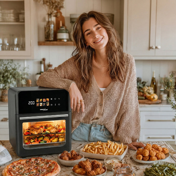 GreenBlue AIR FRYER fedtfri frituregryde, kraftig 1800 W, 10 l kapacitet, 8 programmer, tilbehør, timer, GB950 + papirindsatser 16 cm, 100 stk.