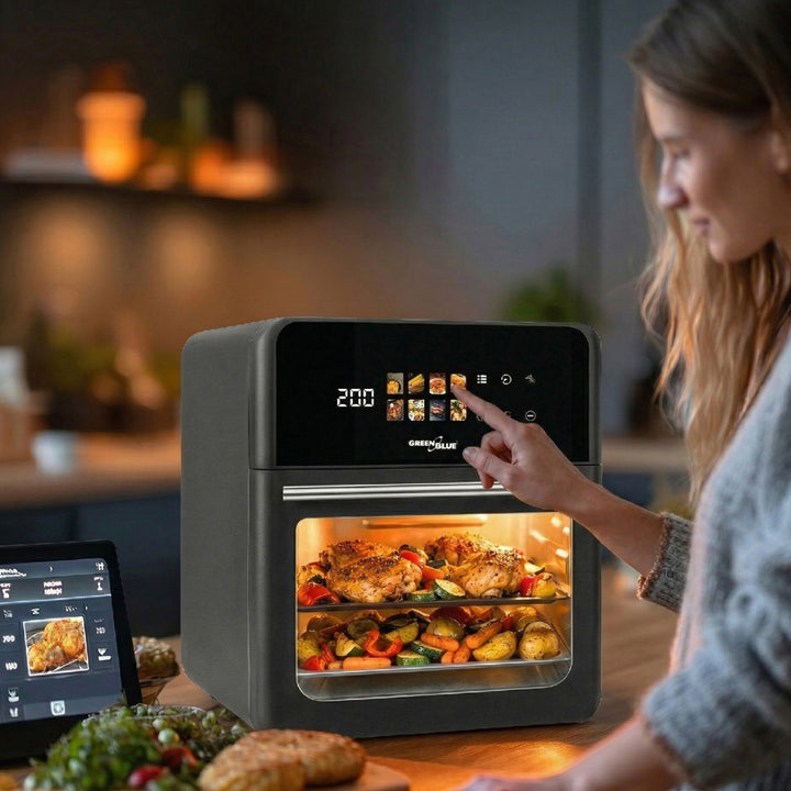 GreenBlue AIR FRYER fedtfri frituregryde, kraftig 1800 W, 10 l kapacitet, 8 programmer, tilbehør, timer, GB950 + papirindsatser 16 cm, 100 stk.