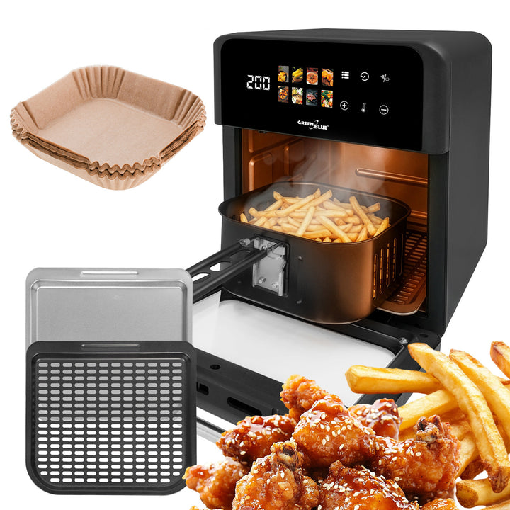GreenBlue AIR FRYER fedtfri frituregryde, kraftig 1800 W, 10 l kapacitet, 8 programmer, tilbehør, timer, GB950 + papirindsatser 16 cm, 100 stk.