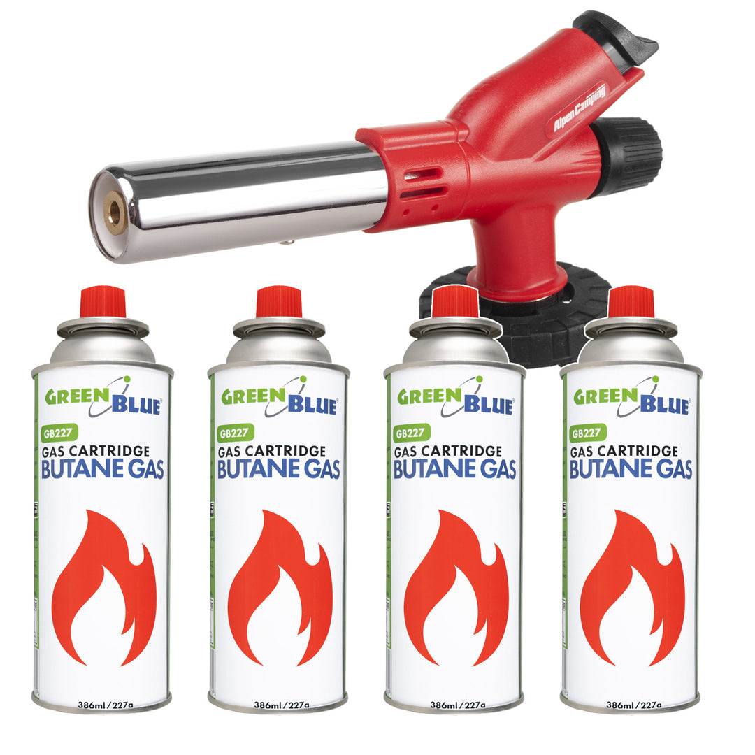 Alpen Camping gasbrænder til patroner, flamtemperatur 1300 °C, piezo-tænding, flammejustering, ETNA + 4 stk. 227 g GreenBlue gaspatroner. Certifikat: Pi 0875, overholder standarden EN417