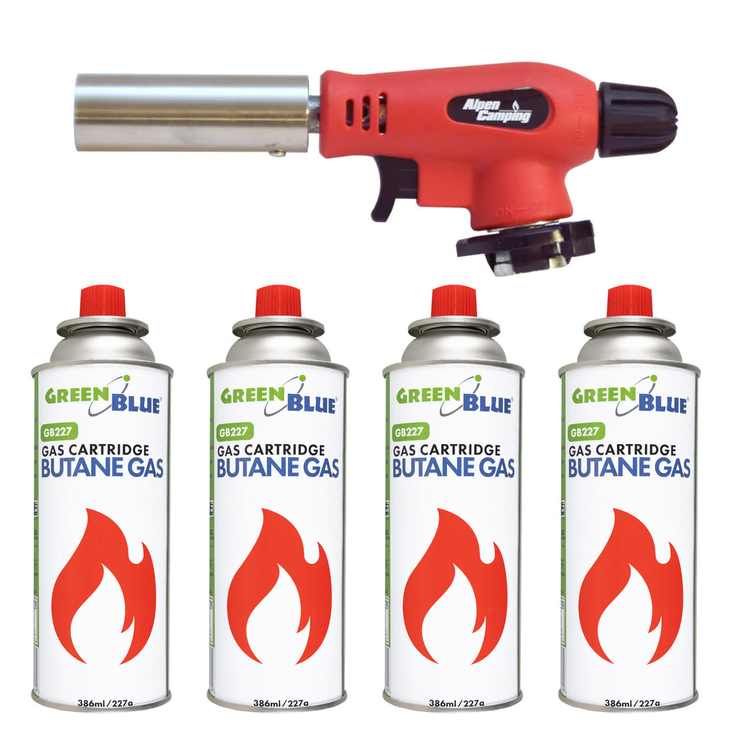 Alpen Camping gasbrænder til gaspatroner, 360° drejeområde, flamtemperatur 1300 °C, piezo-tænding, OLIMP + 4 stk. 227 g GreenBlue gaspatroner. Certifikat: Pi 0875, overholder standarden EN417