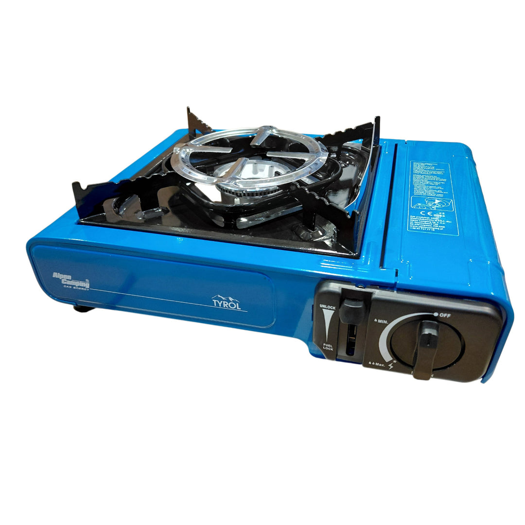 Alpen Camping campingkomfur, effekt: 2,0 kW, gasforbrug 146 g/t, piezo-tænding, TYROL+ 4 stk. gaspatroner à 227 g GreenBlue. Certifikat: Pi 0875, overholder standarden EN 417