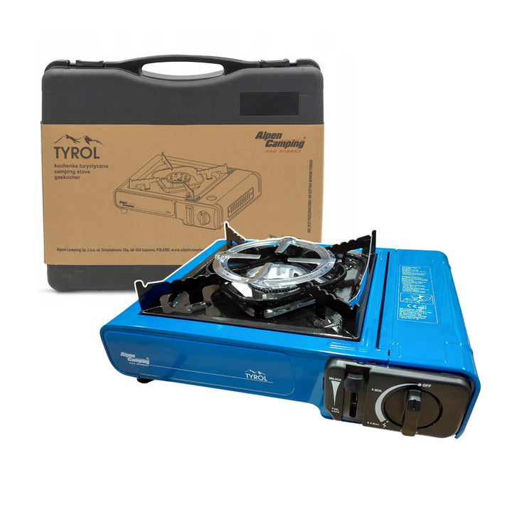Alpen Camping campingkomfur, effekt: 2,0 kW, gasforbrug 146 g/t, piezo-tænding, TYROL+ 4 stk. gaspatroner à 227 g GreenBlue. Certifikat: Pi 0875, overholder standarden EN 417