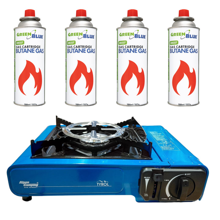 Alpen Camping campingkomfur, effekt: 2,0 kW, gasforbrug 146 g/t, piezo-tænding, TYROL+ 4 stk. gaspatroner à 227 g GreenBlue. Certifikat: Pi 0875, overholder standarden EN 417