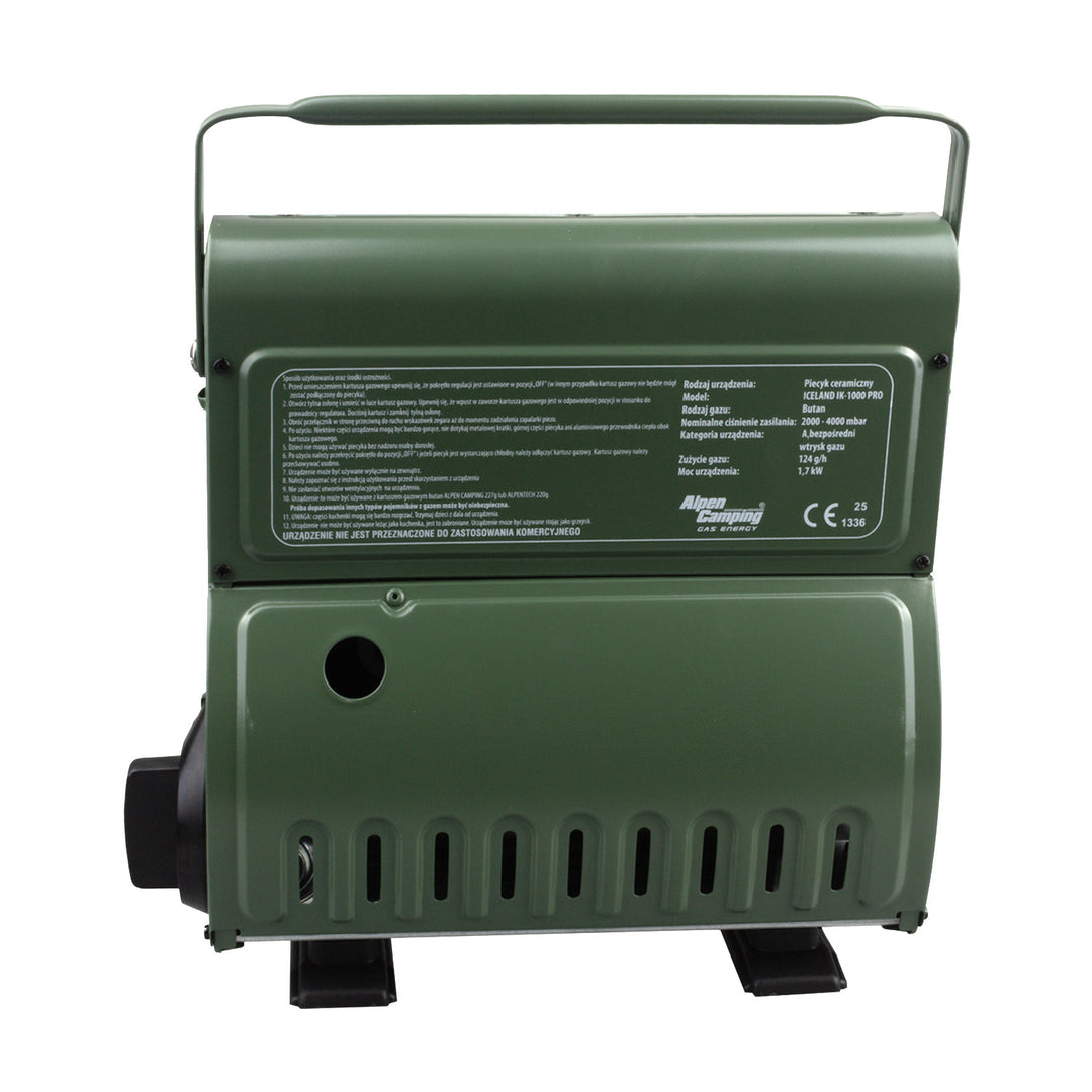 Alpen Camping bærbar gaskomfur, 2-i-1, gasforbrug 124 g/t, piezo-tænding, ICELAND IK-1000 PRO+ 4 x gaspatroner à 227 g GreenBlue. Certifikat: Pi 0875, overholder standarden EN417