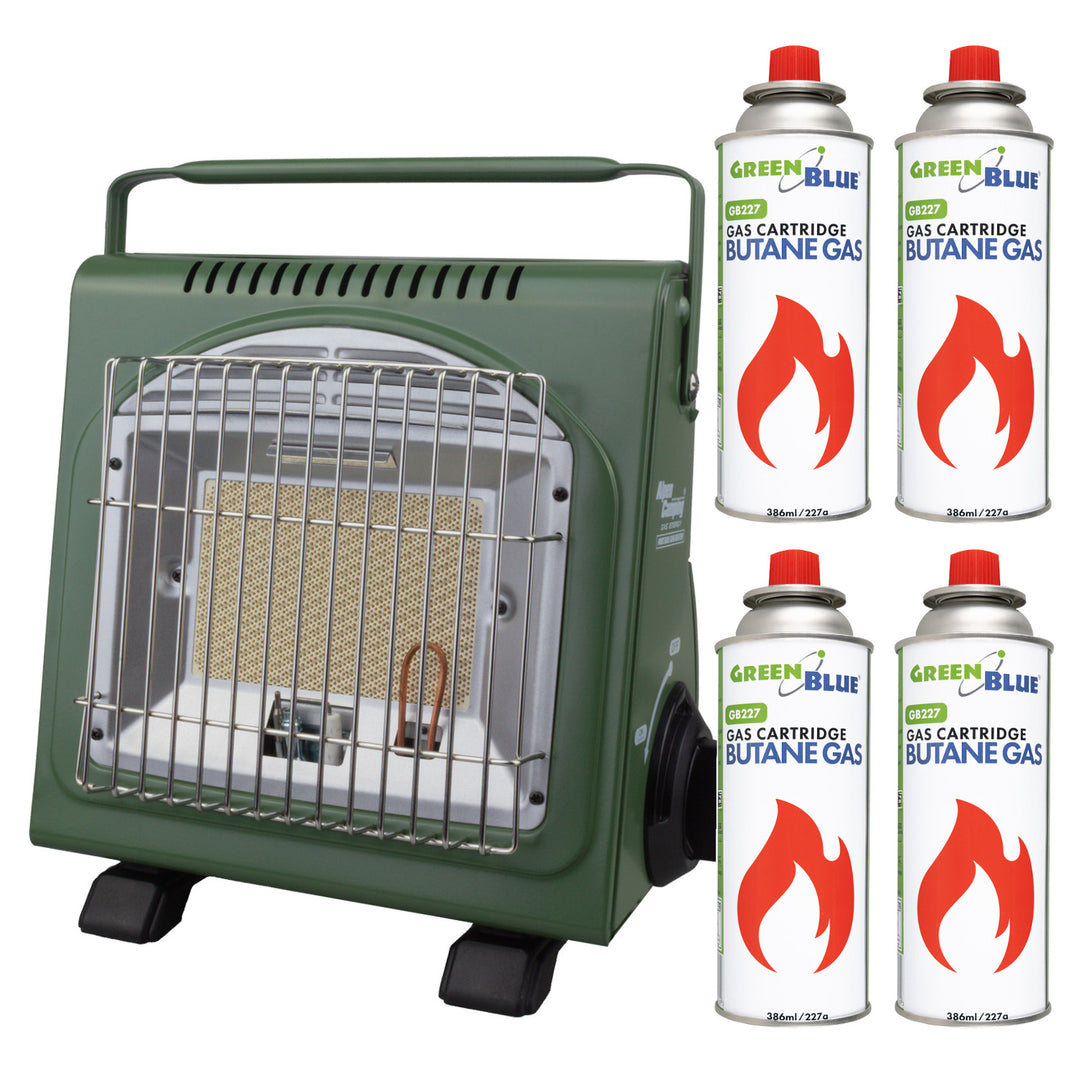 Alpen Camping bærbar gaskomfur, 2-i-1, gasforbrug 124 g/t, piezo-tænding, ICELAND IK-1000 PRO+ 4 x gaspatroner à 227 g GreenBlue. Certifikat: Pi 0875, overholder standarden EN417