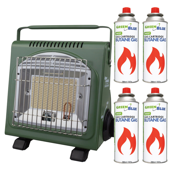 Alpen Camping bærbar gaskomfur, 2-i-1, gasforbrug 124 g/t, piezo-tænding, ICELAND IK-1000 PRO+ 4 x gaspatroner à 227 g GreenBlue. Certifikat: Pi 0875, overholder standarden EN417