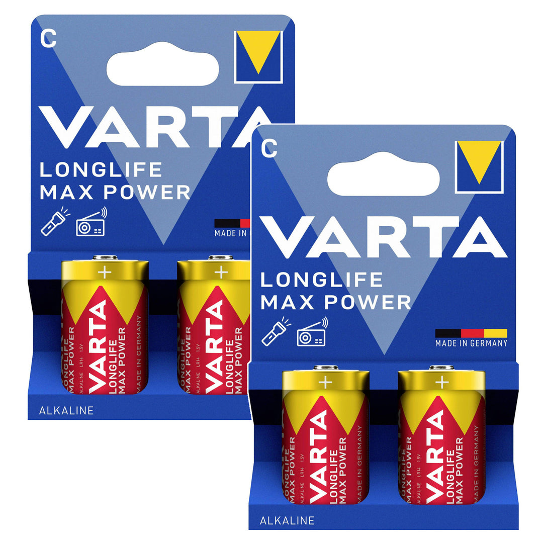 4 stk. R-14 R14 C 1,5 V alkalibatterier fra Varta Longlife Max Power