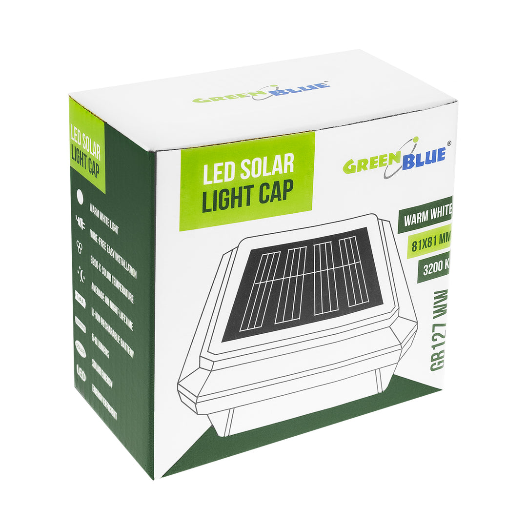 GreenBlue LED-solcellelampe til stolpe, 80 x 80 mm, konisk tag, 3200 K, GB127 WW, 2 stk.