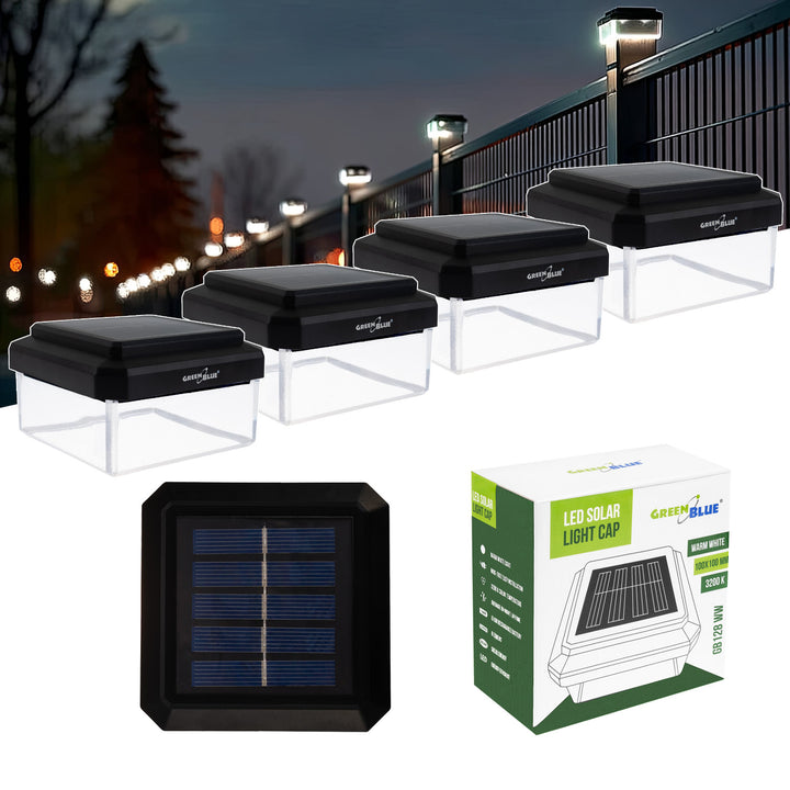 GreenBlue LED-solcellelampe til stolpe, 100 x 100 mm, konisk skærm, 3200 K, GB128 WW, 4 stk.