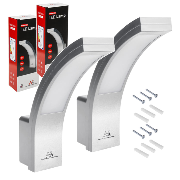 Maclean LED-facadelampe, 800 lm, IP54, 10 W, naturlig hvid farve (4000 K), sølvfarvet, MCE343 SV, 2 stk.