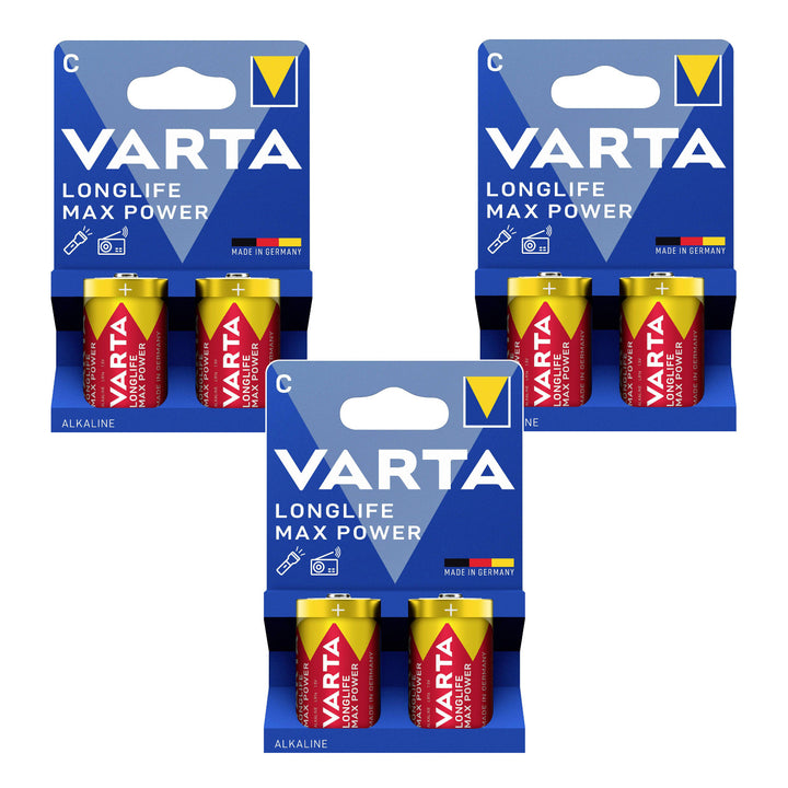 6 stk. R-14 R14 C 1,5 V alkalibatterier fra Varta Longlife Max Power
