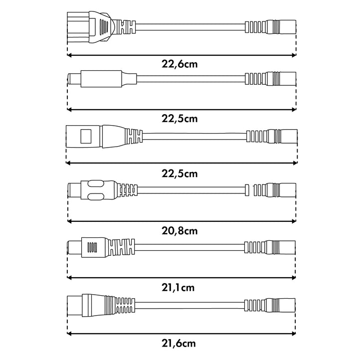 Universel oplader / strømforsyning fra Maclean Energy til løbehjul, 42 V DC, 2 A, maks. 85 W, hurtigopladning, 6 stik, MCE667