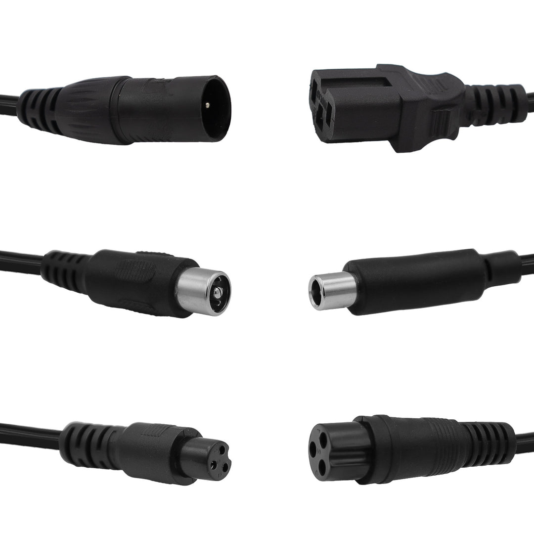 Universel oplader / strømforsyning fra Maclean Energy til løbehjul, 54,6 V DC, 2 A, maks. 110 W, hurtigopladning, 6 stik, MCE665