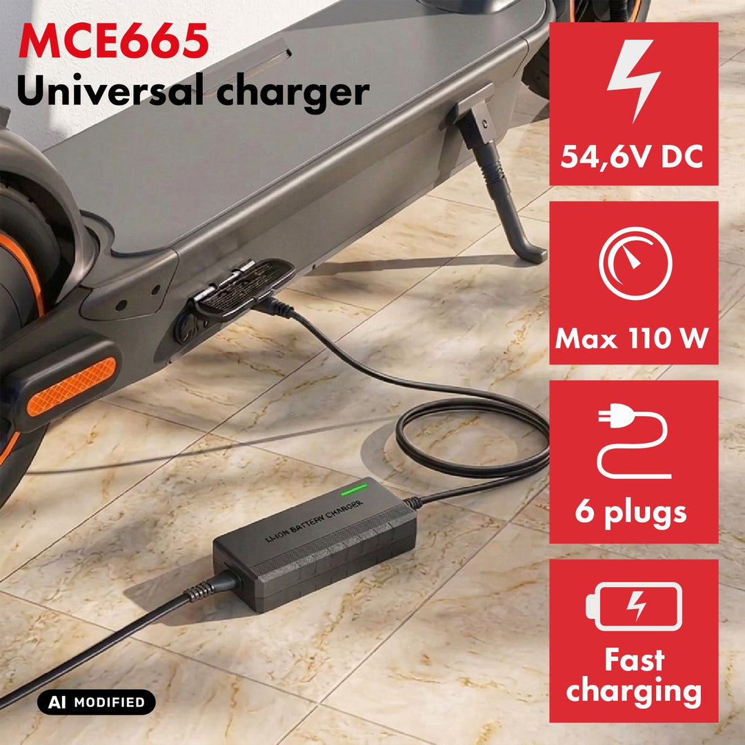 Universel oplader / strømforsyning fra Maclean Energy til løbehjul, 54,6 V DC, 2 A, maks. 110 W, hurtigopladning, 6 stik, MCE665