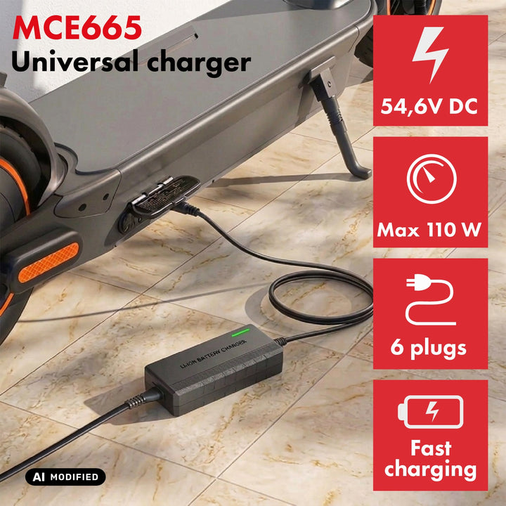 Universel oplader / strømforsyning fra Maclean Energy til løbehjul, 54,6 V DC, 2 A, maks. 110 W, hurtigopladning, 6 stik, MCE665