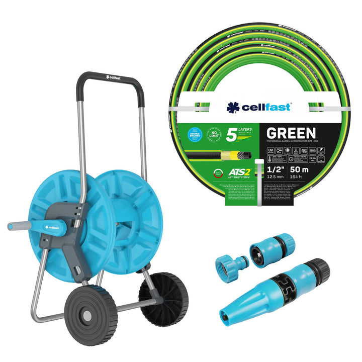 Cellfast Aluplus slangevogn 1/2" 60 m + Cellfast Green ATS2 haveslange 1/2" 50 m + sæt med Cellfast Basic lige sprinkler 1/2"