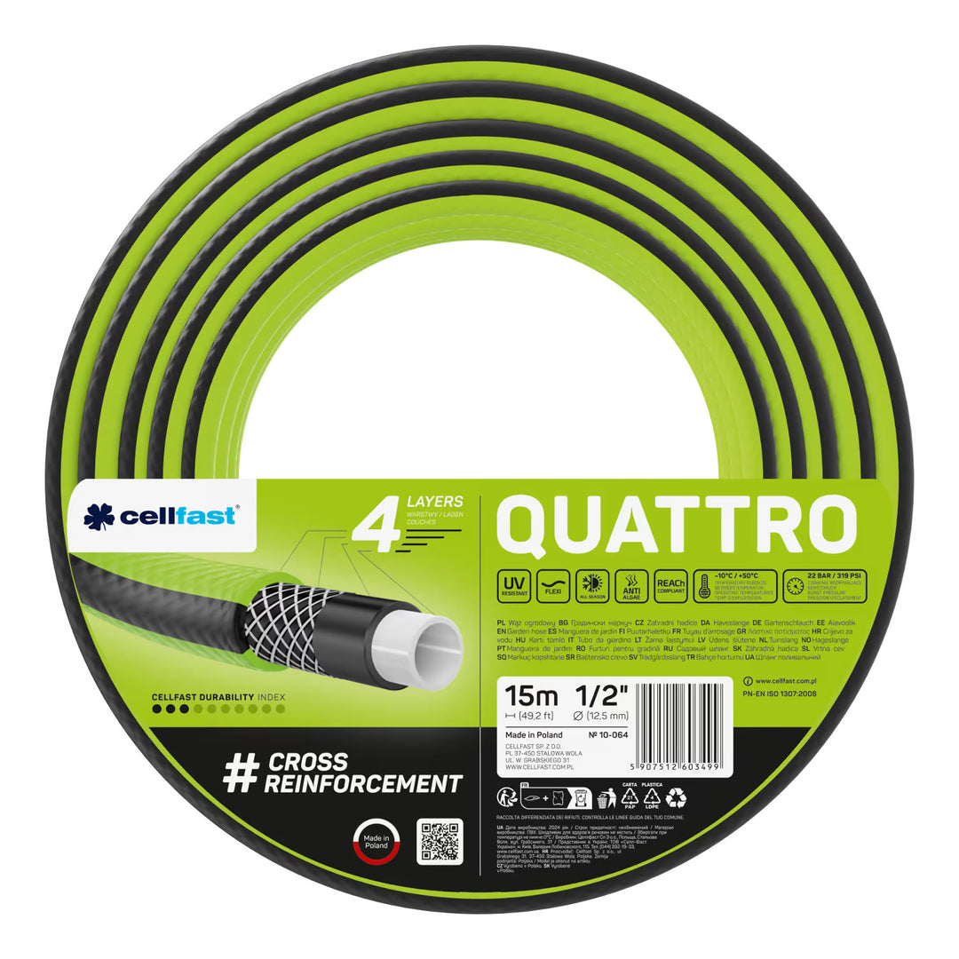 Cellfast Aluplus slangevogn 1/2" 60 m + Cellfast Quattro haveslange 1/2" 15 m + sæt med Cellfast Basic lige sprinkler 1/2"