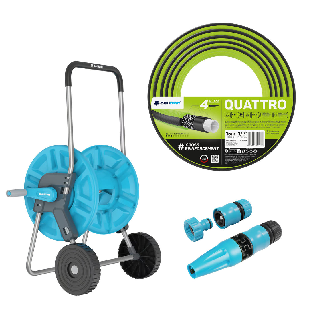 Cellfast Aluplus slangevogn 1/2" 60 m + Cellfast Quattro haveslange 1/2" 15 m + sæt med Cellfast Basic lige sprinkler 1/2"