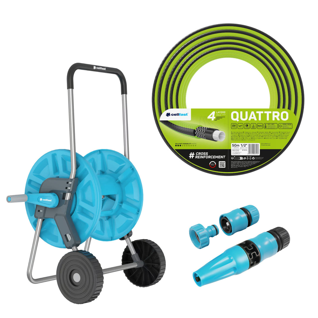Cellfast Aluplus slangevogn 1/2" 60 m + Cellfast Quattro haveslange 1/2" 50 m + sæt med Cellfast Basic lige sprinkler 1/2"