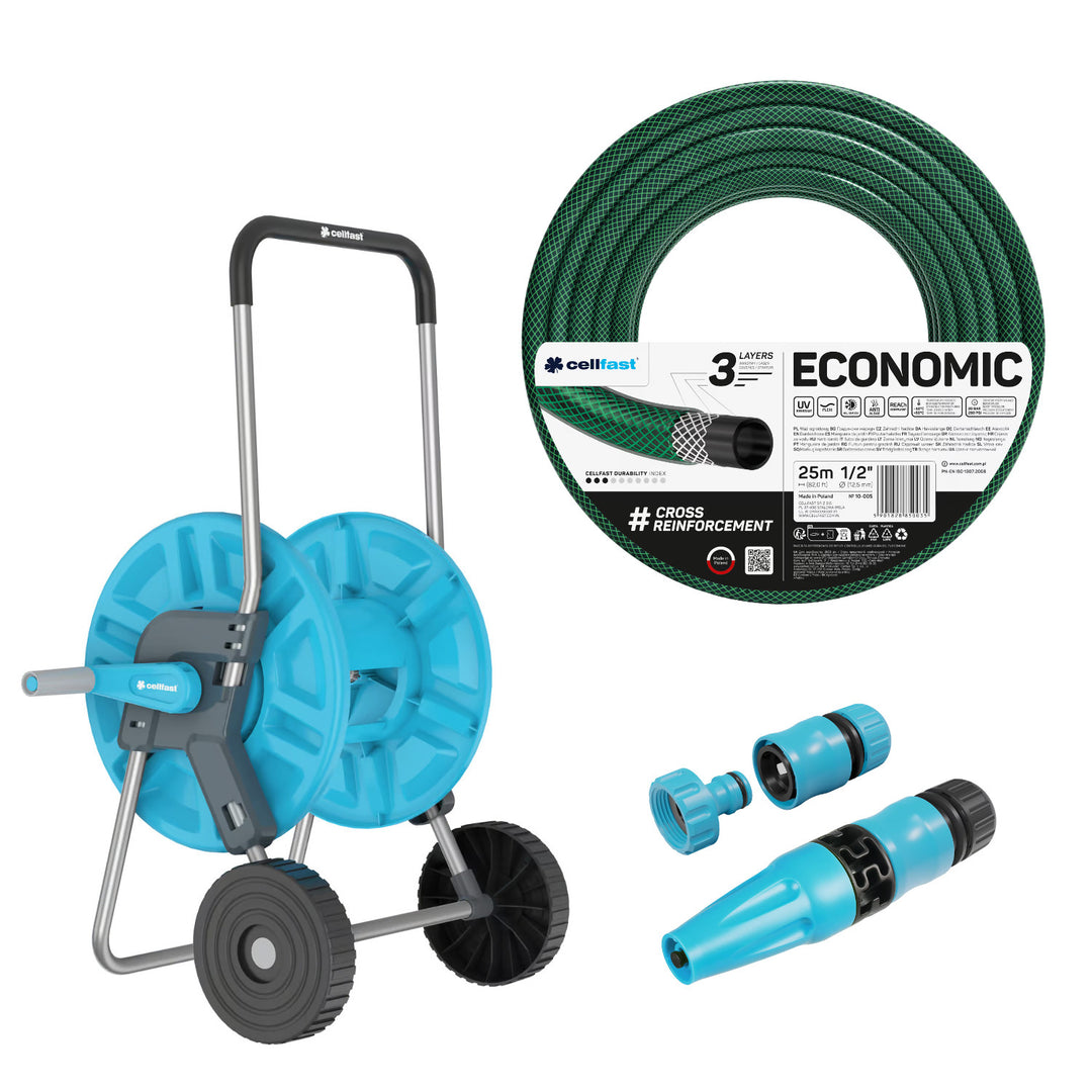 Cellfast Aluplus slangevogn 1/2" 60 m + Cellfast Economic haveslange 1/2" 25 m + sæt med Cellfast Basic lige sprinkler 1/2"