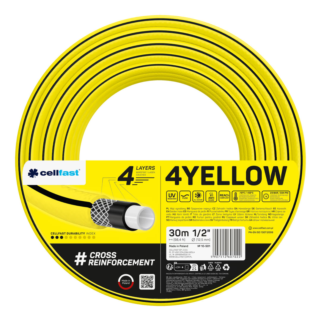 Cellfast Aluplus slangevogn 1/2" 60 m + Cellfast 4YELLOW haveslange 1/2" 30 m + sæt med Cellfast Basic 1/2" sprøjtehoved
