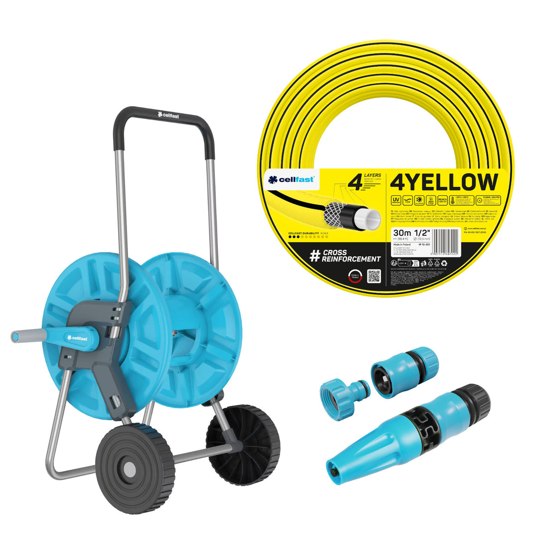Cellfast Aluplus slangevogn 1/2" 60 m + Cellfast 4YELLOW haveslange 1/2" 30 m + sæt med Cellfast Basic 1/2" sprøjtehoved