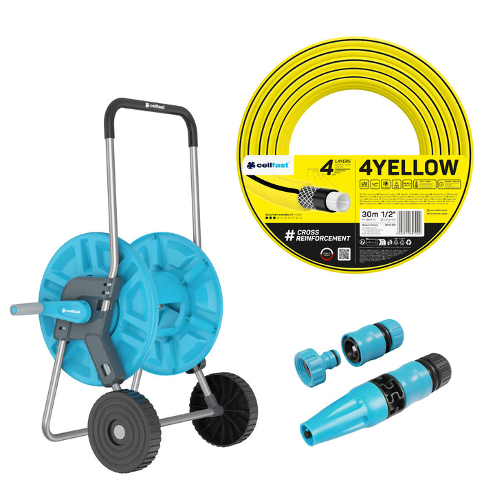 Cellfast Aluplus slangevogn 1/2" 60 m + Cellfast 4YELLOW haveslange 1/2" 30 m + sæt med Cellfast Basic 1/2" sprøjtehoved