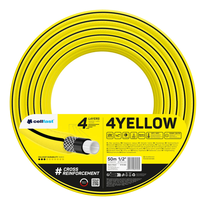 Cellfast Aluplus slangevogn 1/2" 60 m + Cellfast 4YELLOW haveslange 1/2" 50 m + sæt med Cellfast Basic 1/2" sprøjtehoved