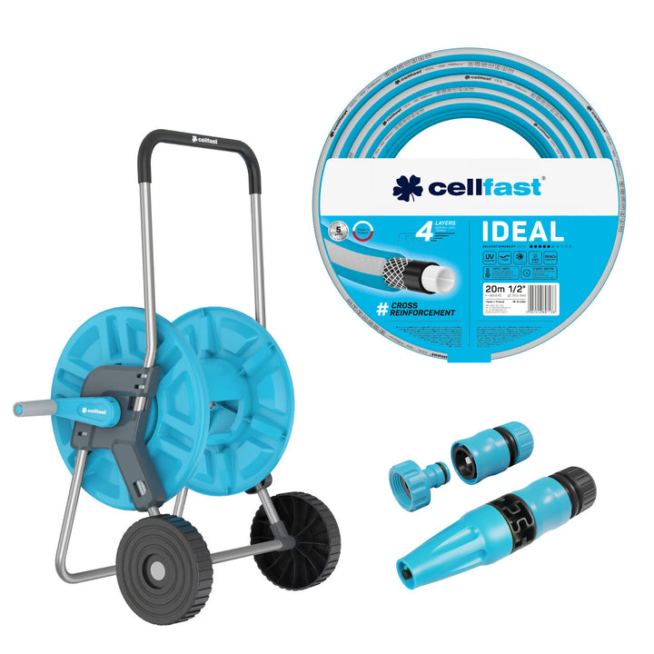 Cellfast Aluplus slangevogn 1/2" 60 m + Cellfast IDEAL haveslange 1/2" 20 m + Sæt med Cellfast Basic fast sprinkler 1/2"