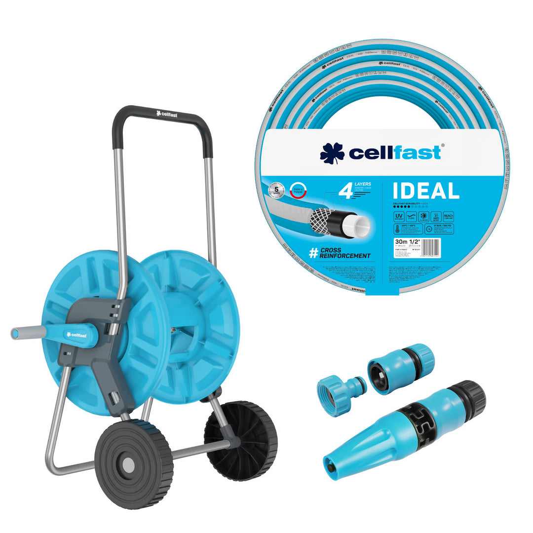 Cellfast Aluplus slangevogn 1/2" 60 m + Cellfast IDEAL haveslange 1/2" 30 m + Sæt med Cellfast Basic fastsprinkler 1/2"