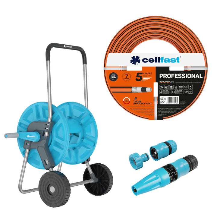 Cellfast Aluplus slangevogn 1/2" 60 m + Cellfast haveslange, PROFESSIONAL 1/2" 50 m + Sæt med Cellfast Basic 1/2" fast sprinkler