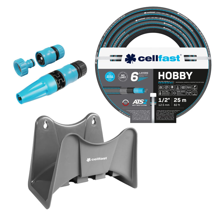 Cellfast Hobby ATS2 haveslange 1/2" 25 m + Cellfast slangeholder, grå + sæt med Cellfast Basic 1/2" sprøjtehoved