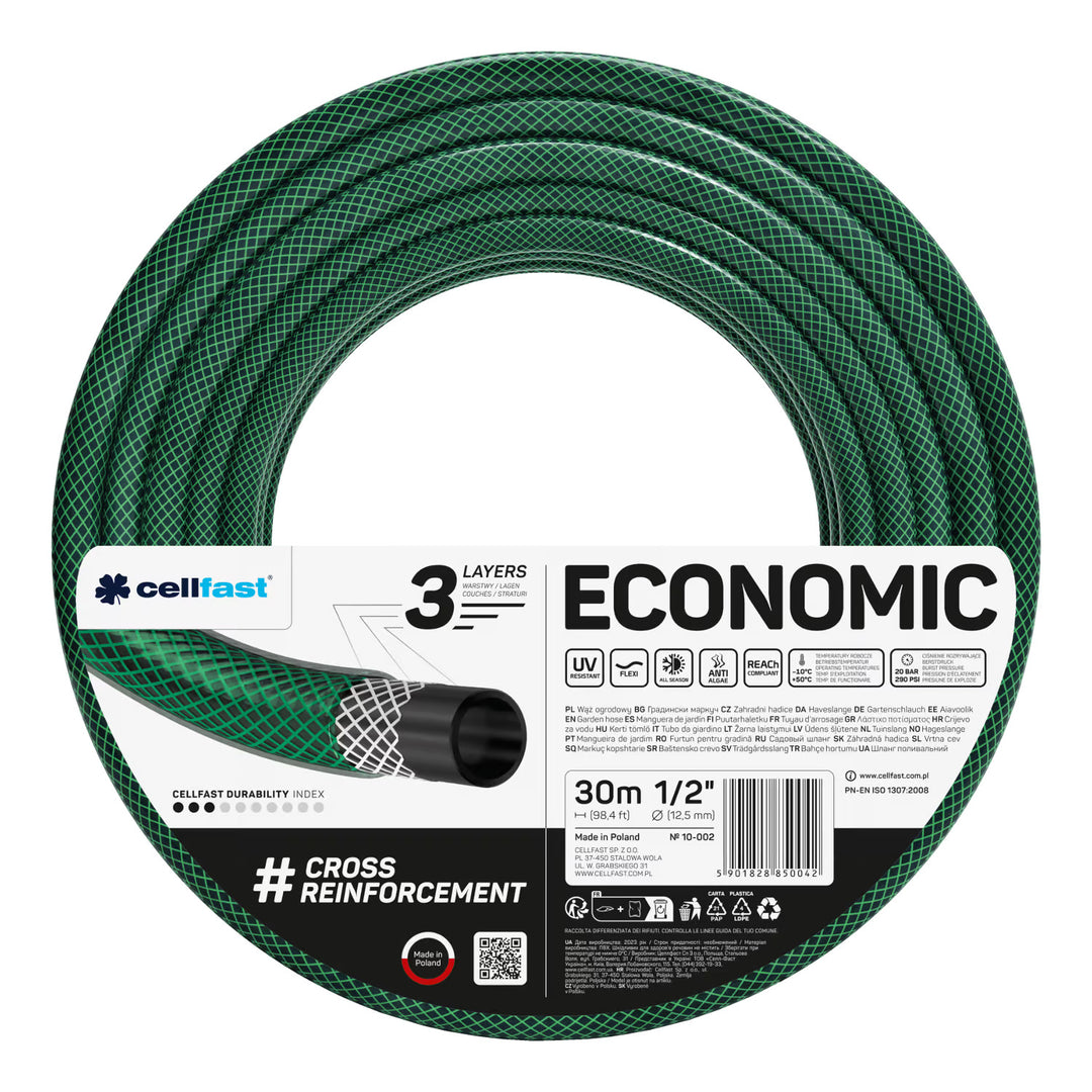 Cellfast Economic haveslange 1/2" 30 m + Cellfast slangeholder, grå + sæt med Cellfast Basic 1/2" sprøjtehoved