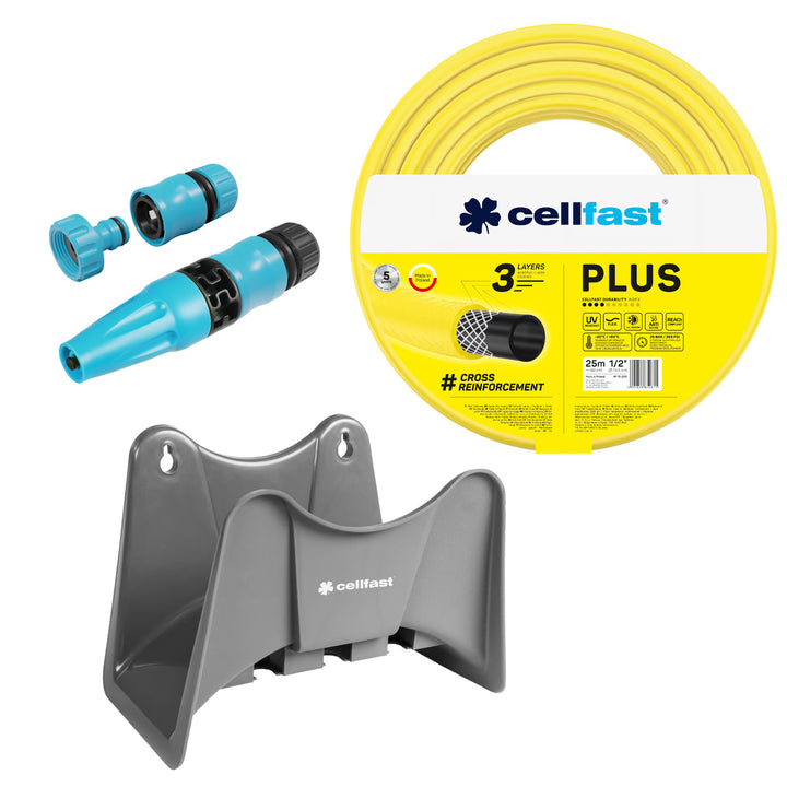 Cellfast Plus haveslange 1/2" 25 m + Cellfast slangeholder, grå + sæt med Cellfast Basic 1/2" sprøjtehoved
