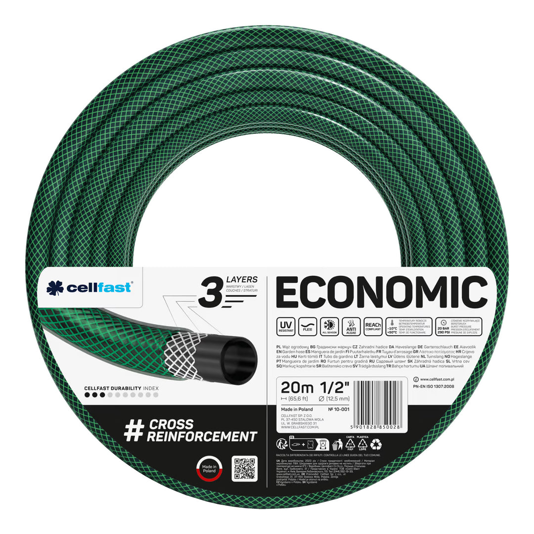 Cellfast Economic haveslange 1/2" 20 m + Cellfast slangeholder, grå + sæt med Cellfast Basic 1/2" sprøjtehoved