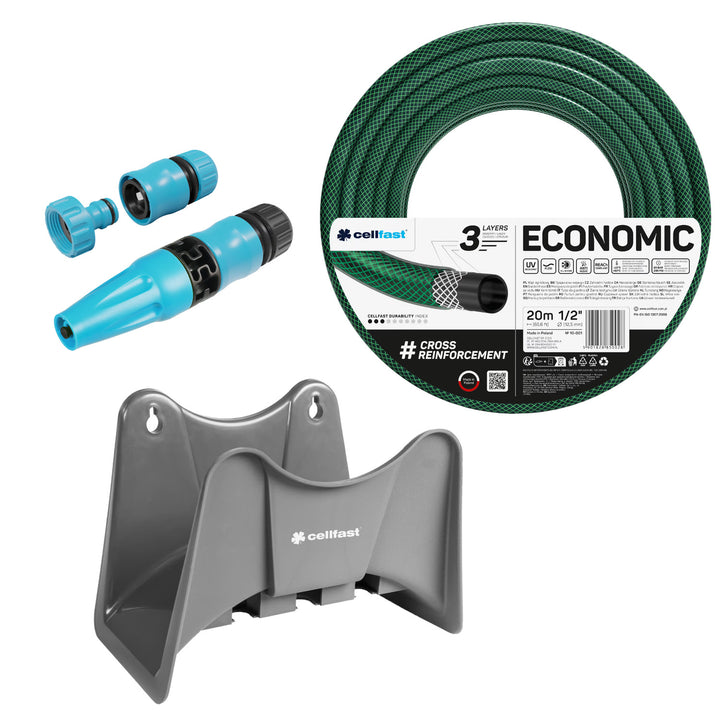 Cellfast Economic haveslange 1/2" 20 m + Cellfast slangeholder, grå + sæt med Cellfast Basic 1/2" sprøjtehoved
