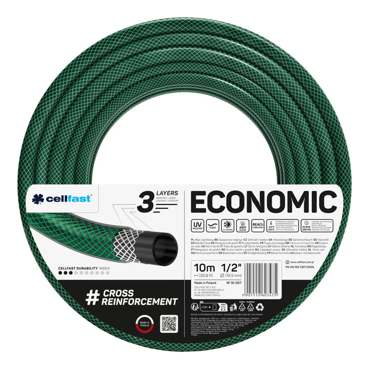 Cellfast Economic haveslange 1/2" 10 m + Cellfast slangeholder, grå + sæt med Cellfast Basic 1/2" fast sprinkler